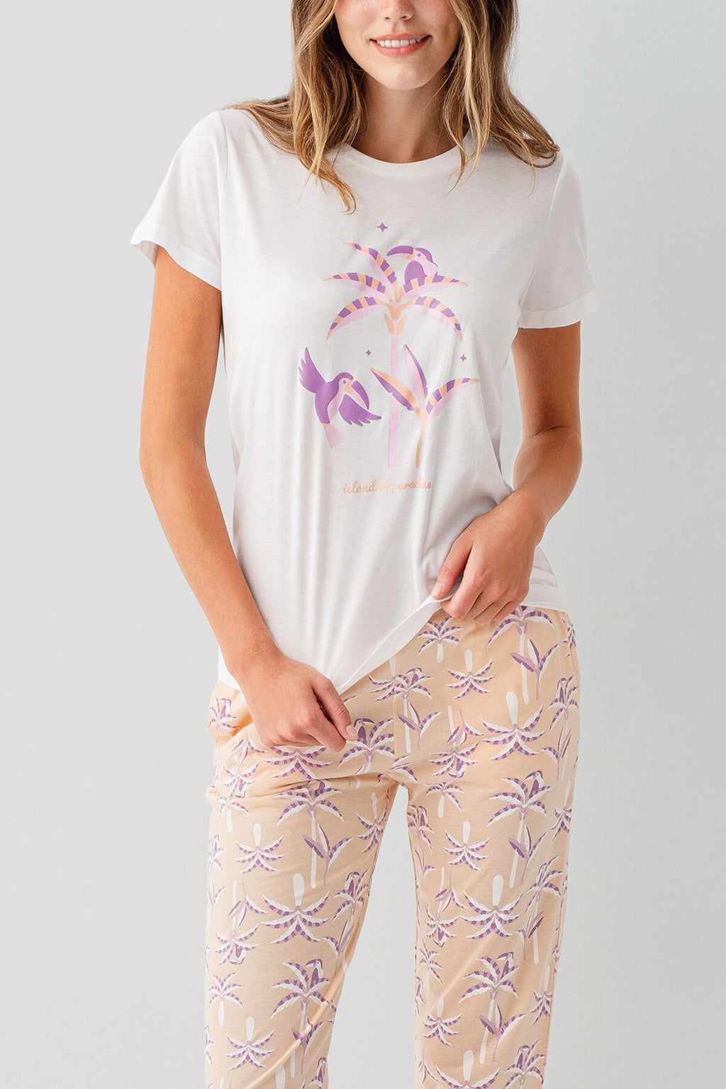 Rolypoly Kadın Bisiklet Yaka Baskılı Yazlık Regular Fit Beyaz Pijama Takımı RP3811-S-V1