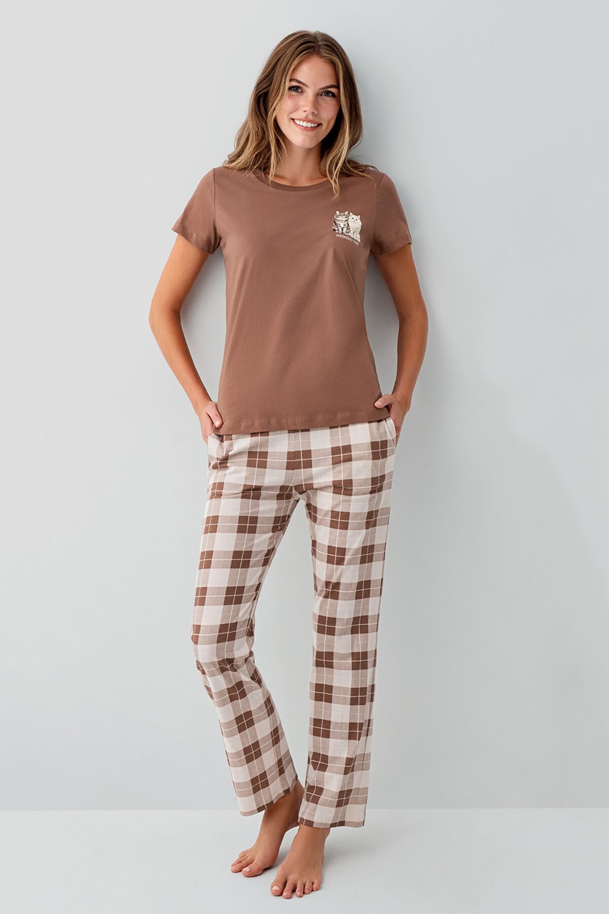 Rolypoly Kadın Bisiklet Yaka Baskılı Yazlık Regular Fit Kahverengi Pijama Takımı RP3808-S-V1 Ürün ikincil görseli