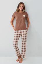 Rolypoly Kadın Bisiklet Yaka Baskılı Yazlık Regular Fit Kahverengi Pijama Takımı RP3808-S-V1