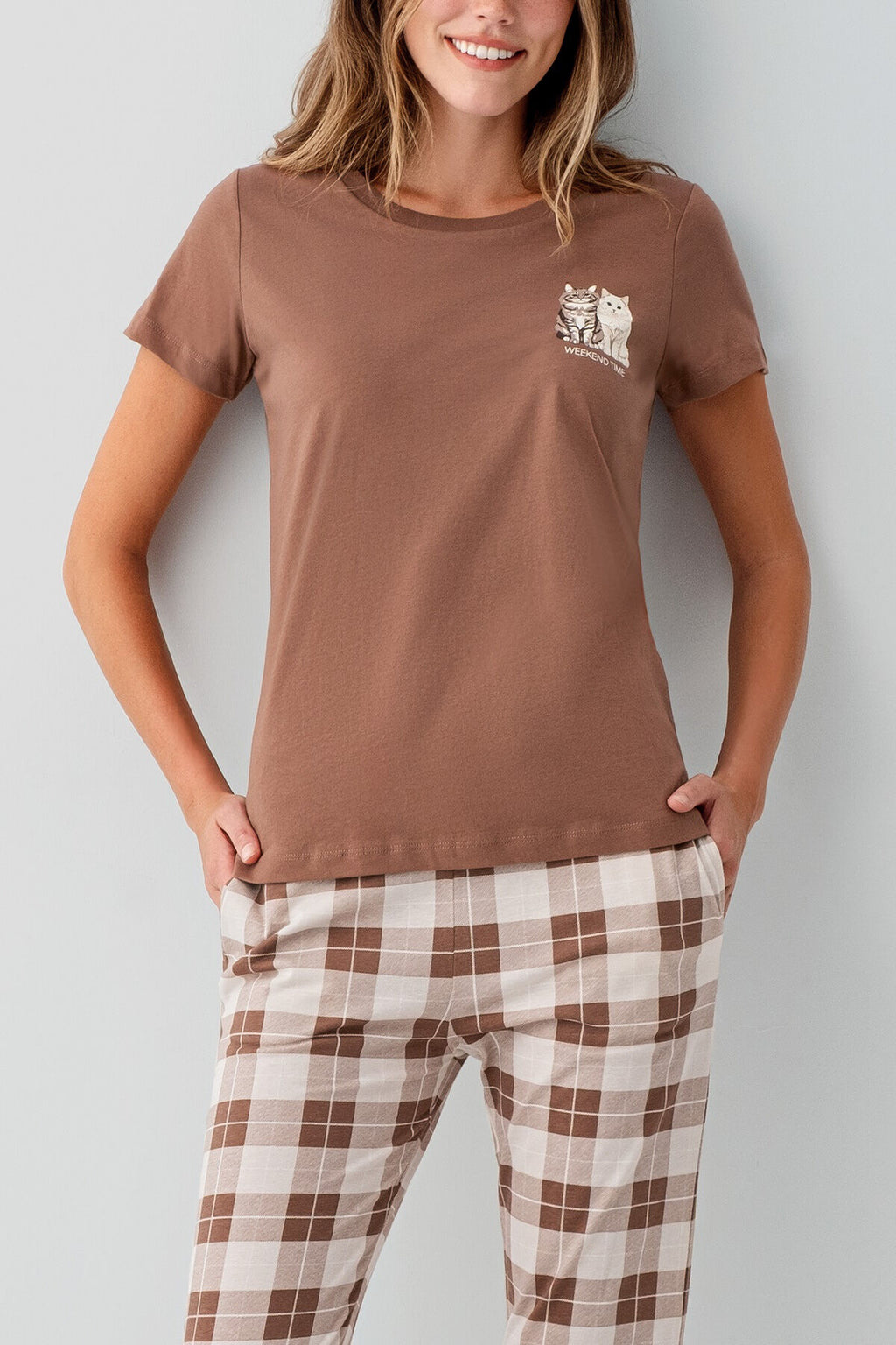 Rolypoly Kadın Bisiklet Yaka Baskılı Yazlık Regular Fit Kahverengi Pijama Takımı RP3808-S-V1