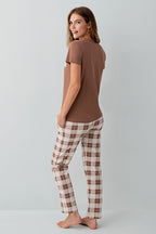 Rolypoly Kadın Bisiklet Yaka Baskılı Yazlık Regular Fit Kahverengi Pijama Takımı RP3808-S-V1
