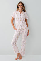 Rolypoly Kadın Gömlek Yaka Baskılı Yazlık Regular Fit Pembe Pijama Takımı RP3809-S-V1