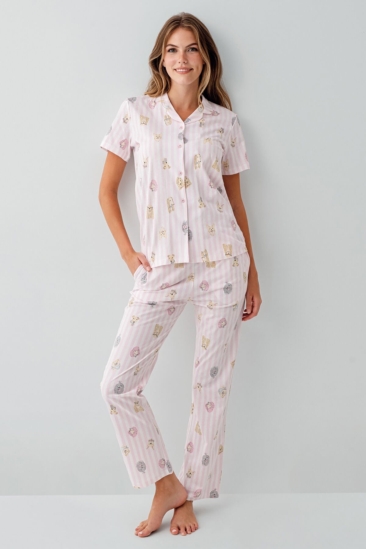 Rolypoly Kadın Gömlek Yaka Baskılı Yazlık Regular Fit Pembe Pijama Takımı RP3809-S-V1
