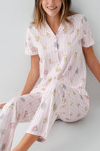 Rolypoly Kadın Gömlek Yaka Baskılı Yazlık Regular Fit Pembe Pijama Takımı RP3809-S-V1