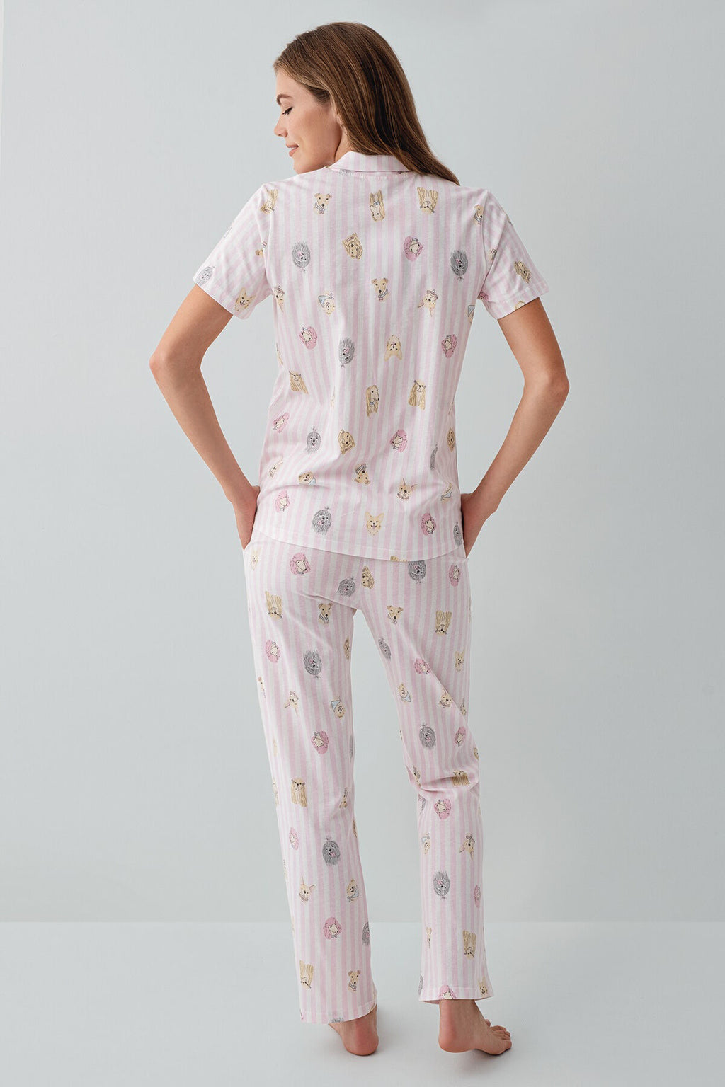 Rolypoly Kadın Gömlek Yaka Baskılı Yazlık Regular Fit Pembe Pijama Takımı RP3809-S-V1