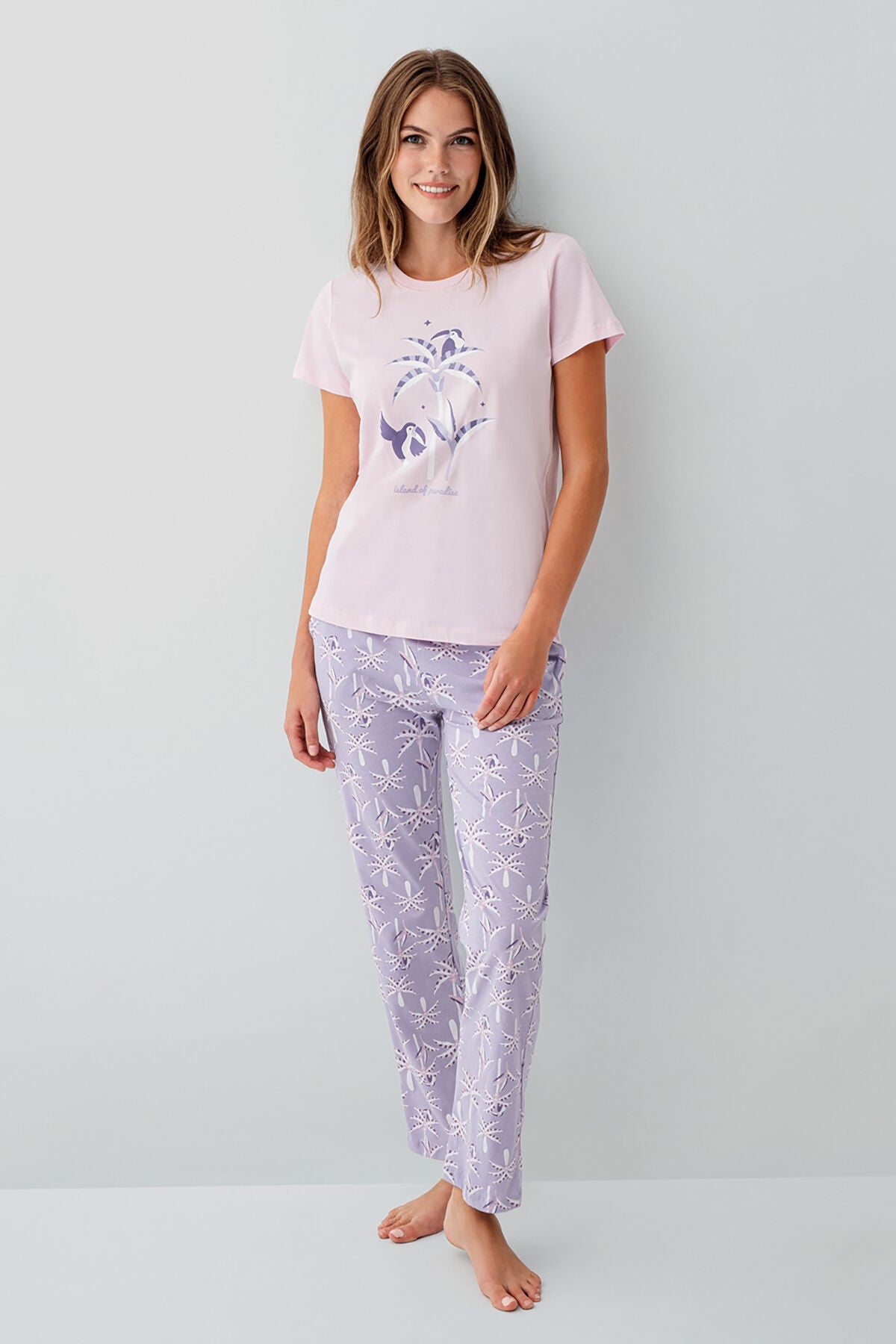 Rolypoly Kadın Bisiklet Yaka Baskılı Yazlık Regular Fit Pembe Pijama Takımı RP3811-S-V2