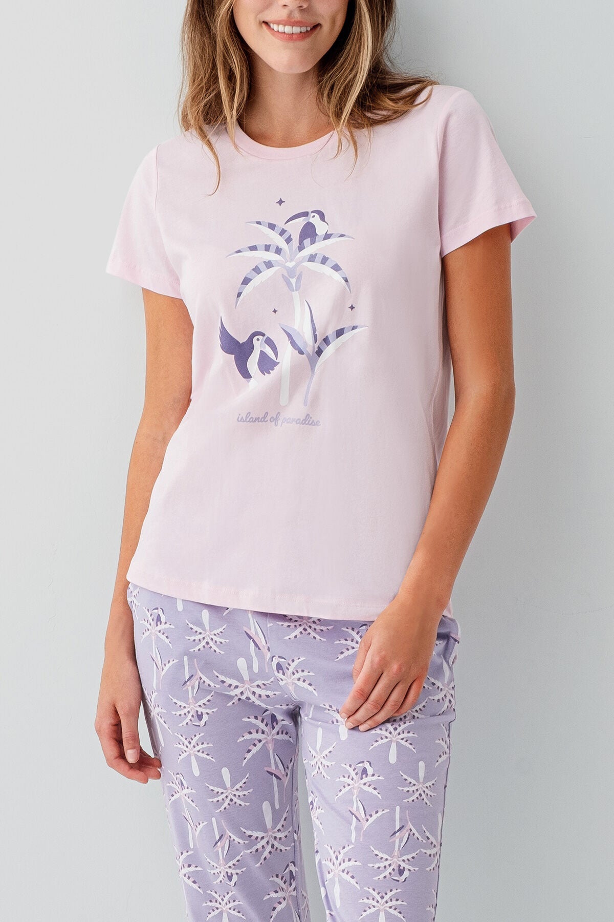 Rolypoly Kadın Bisiklet Yaka Baskılı Yazlık Regular Fit Pembe Pijama Takımı RP3811-S-V2