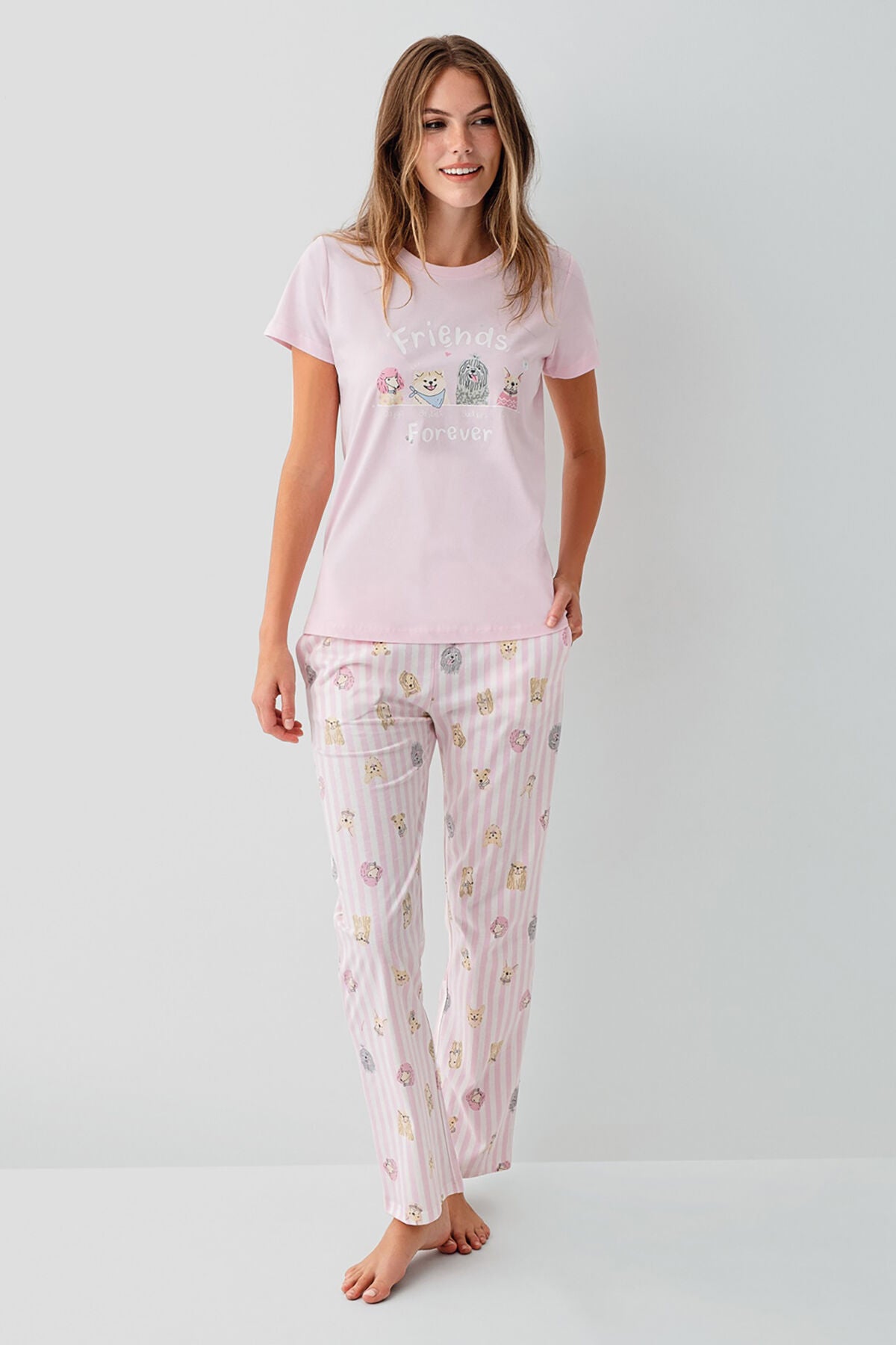 Rolypoly Kadın Bisiklet Yaka Baskılı Yazlık Regular Fit Pembe Pijama Takımı RP3810-S-V1 Ürün ikincil görseli