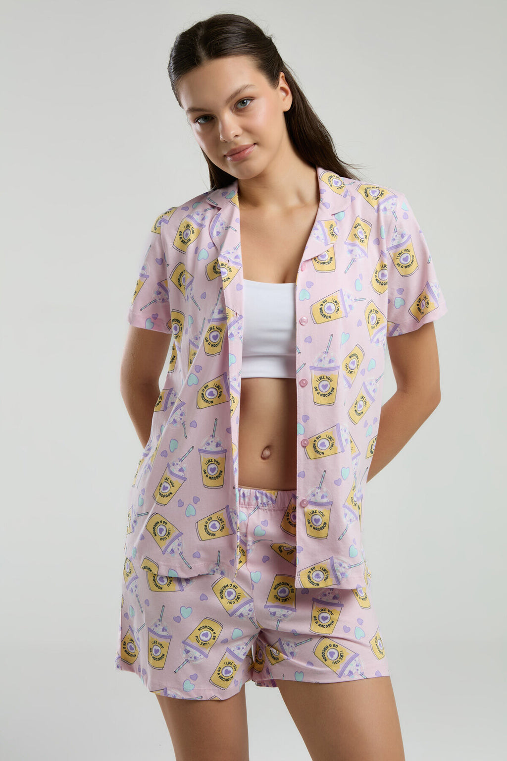 Rolypoly Kadın Gömlek Yaka Empirme Baskılı Yazlık Regular Fit Pembe Şort Takım RP3624-S-V1