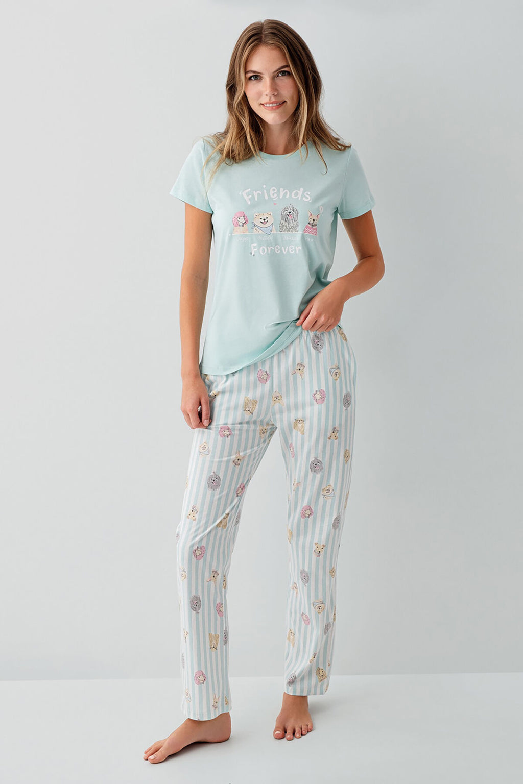 Rolypoly Kadın Bisiklet Yaka Baskılı Yazlık Regular Fit Yeşil Pijama Takımı RP3810-S-V2