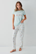 Rolypoly Kadın Bisiklet Yaka Baskılı Yazlık Regular Fit Yeşil Pijama Takımı RP3810-S-V2