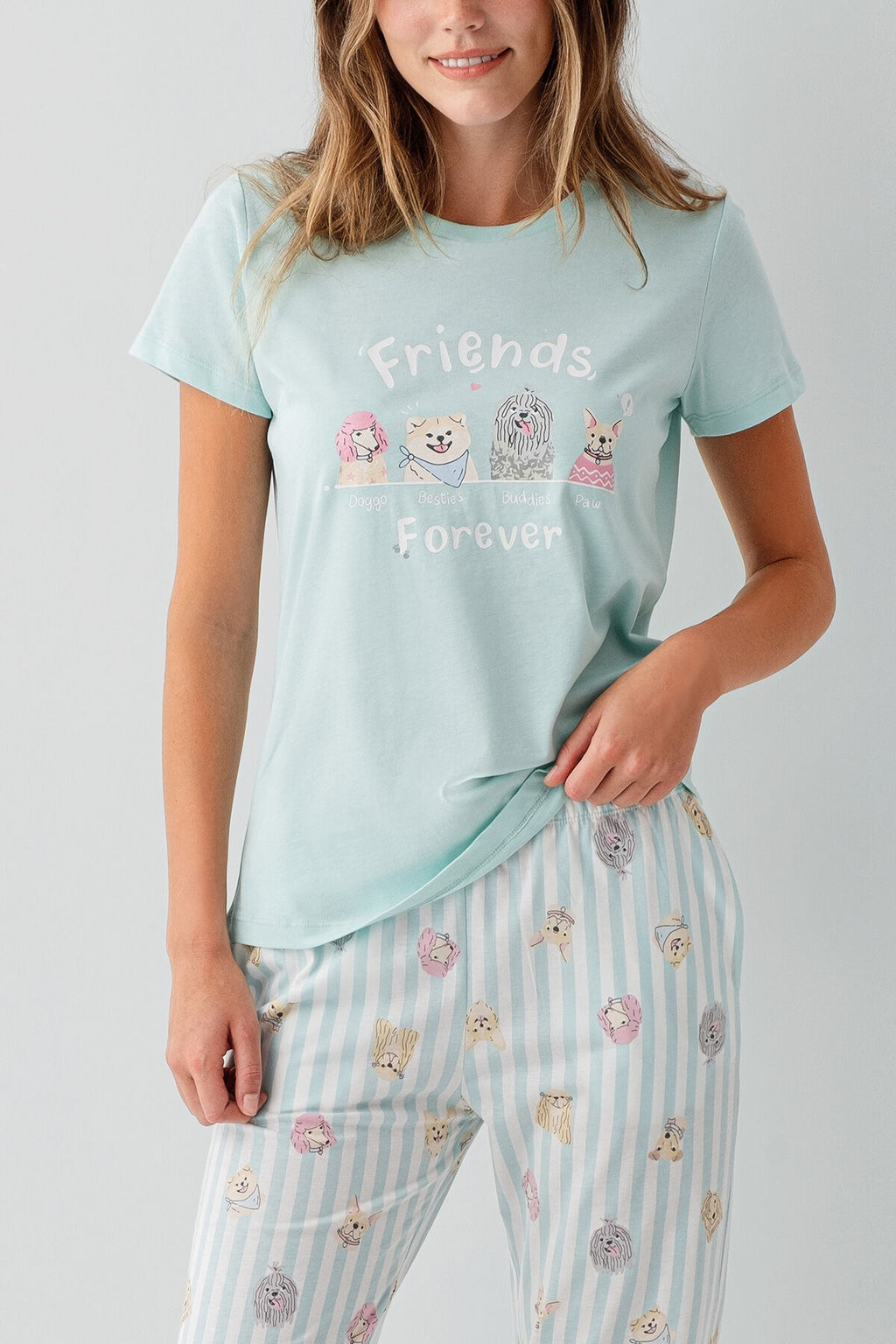 Rolypoly Kadın Bisiklet Yaka Baskılı Yazlık Regular Fit Yeşil Pijama Takımı RP3810-S-V2