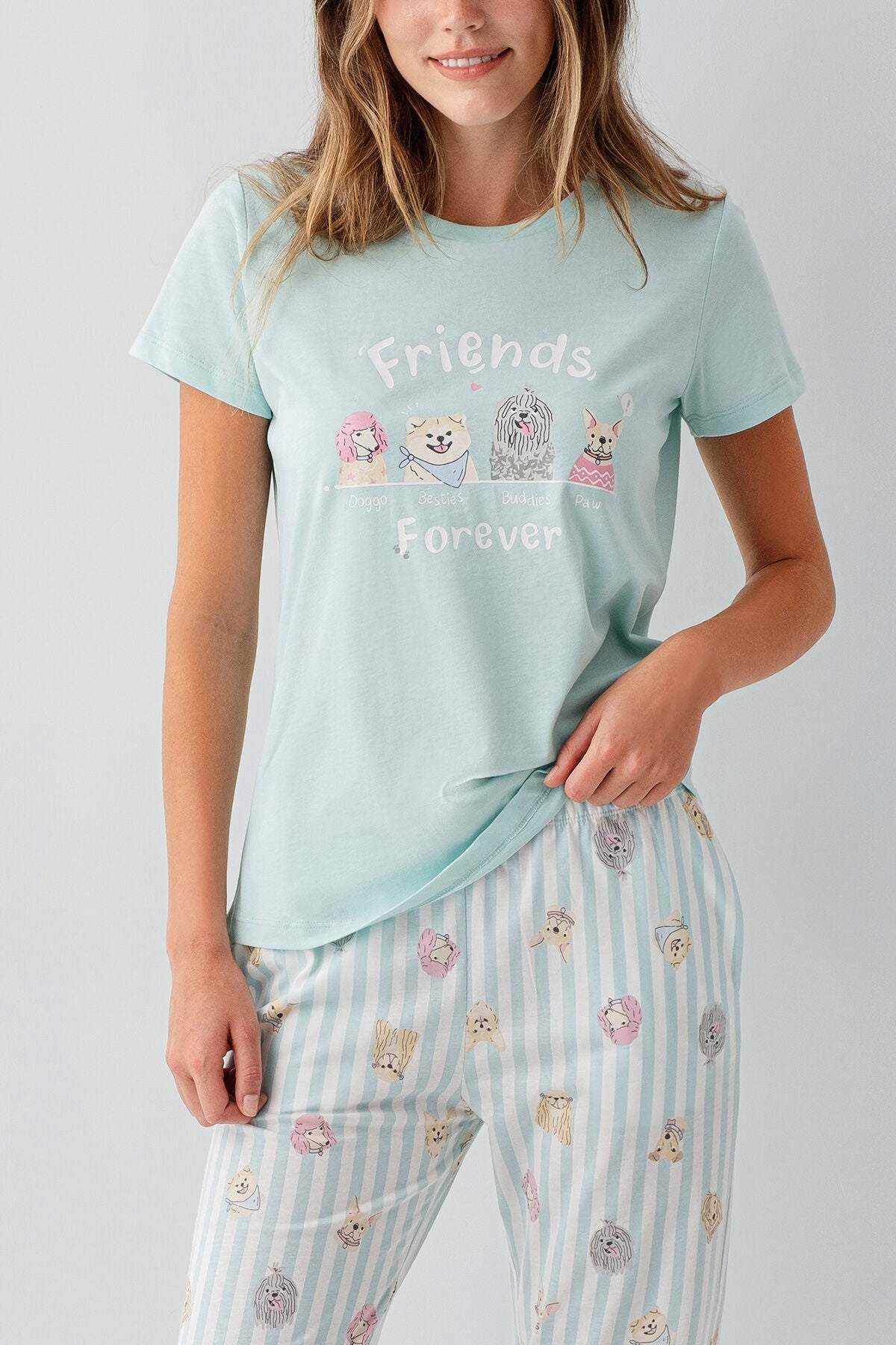 Rolypoly Kadın Bisiklet Yaka Baskılı Yazlık Regular Fit Yeşil Pijama Takımı RP3810-S-V2