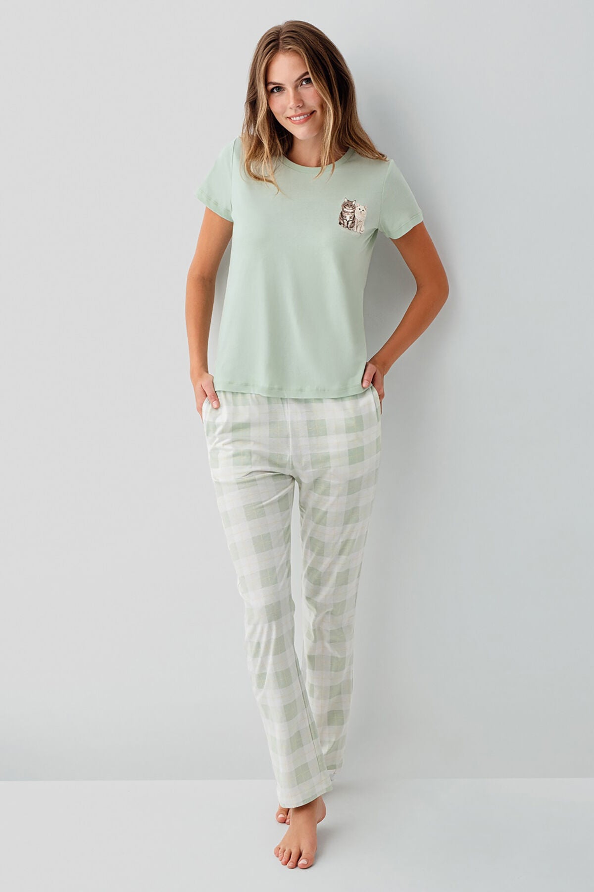 Rolypoly Kadın Bisiklet Yaka Baskılı Yazlık Regular Fit Yeşil Pijama Takımı RP3808-S-V2 Ürün ikincil görseli