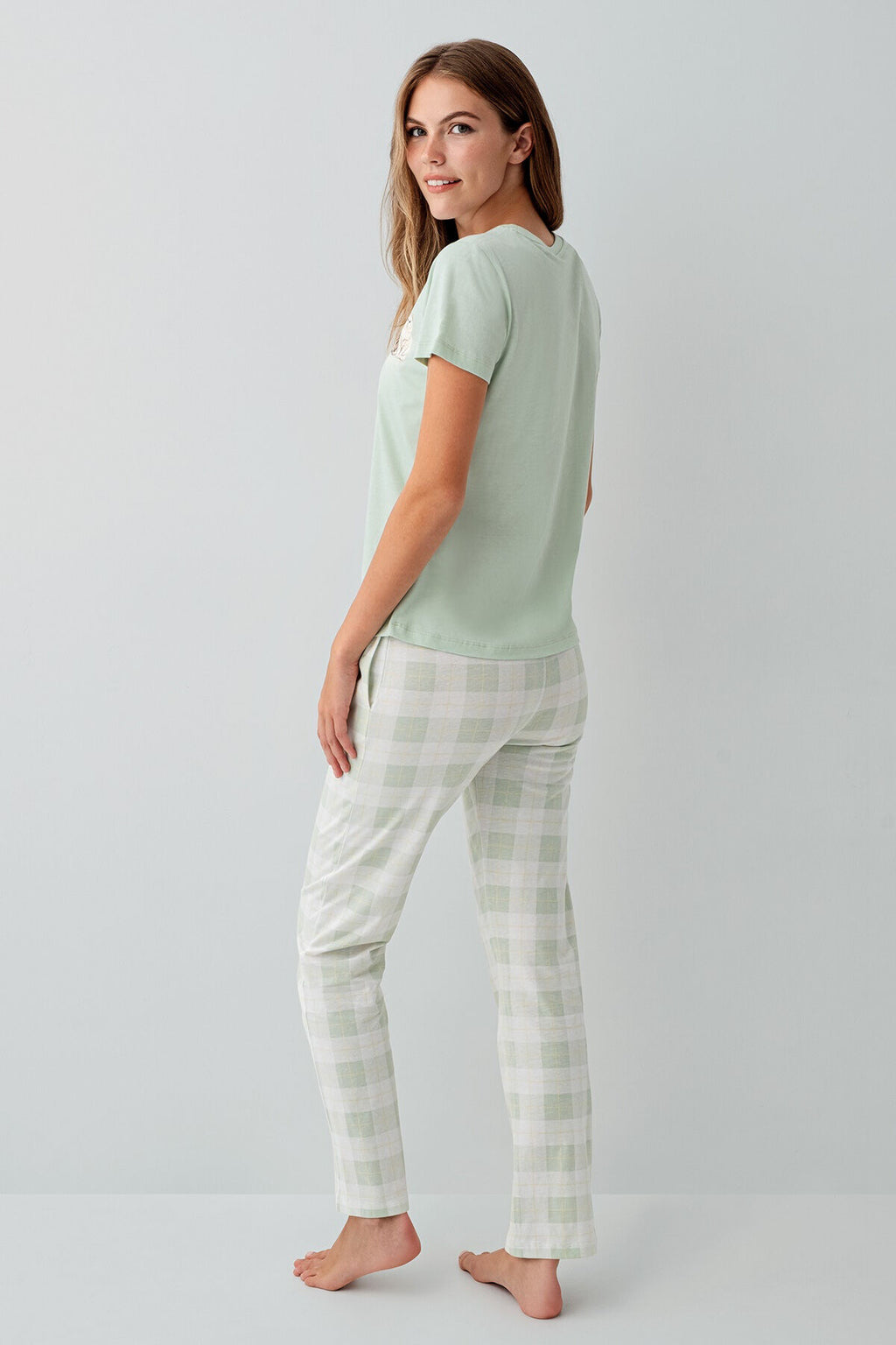 Rolypoly Kadın Bisiklet Yaka Baskılı Yazlık Regular Fit Yeşil Pijama Takımı RP3808-S-V2