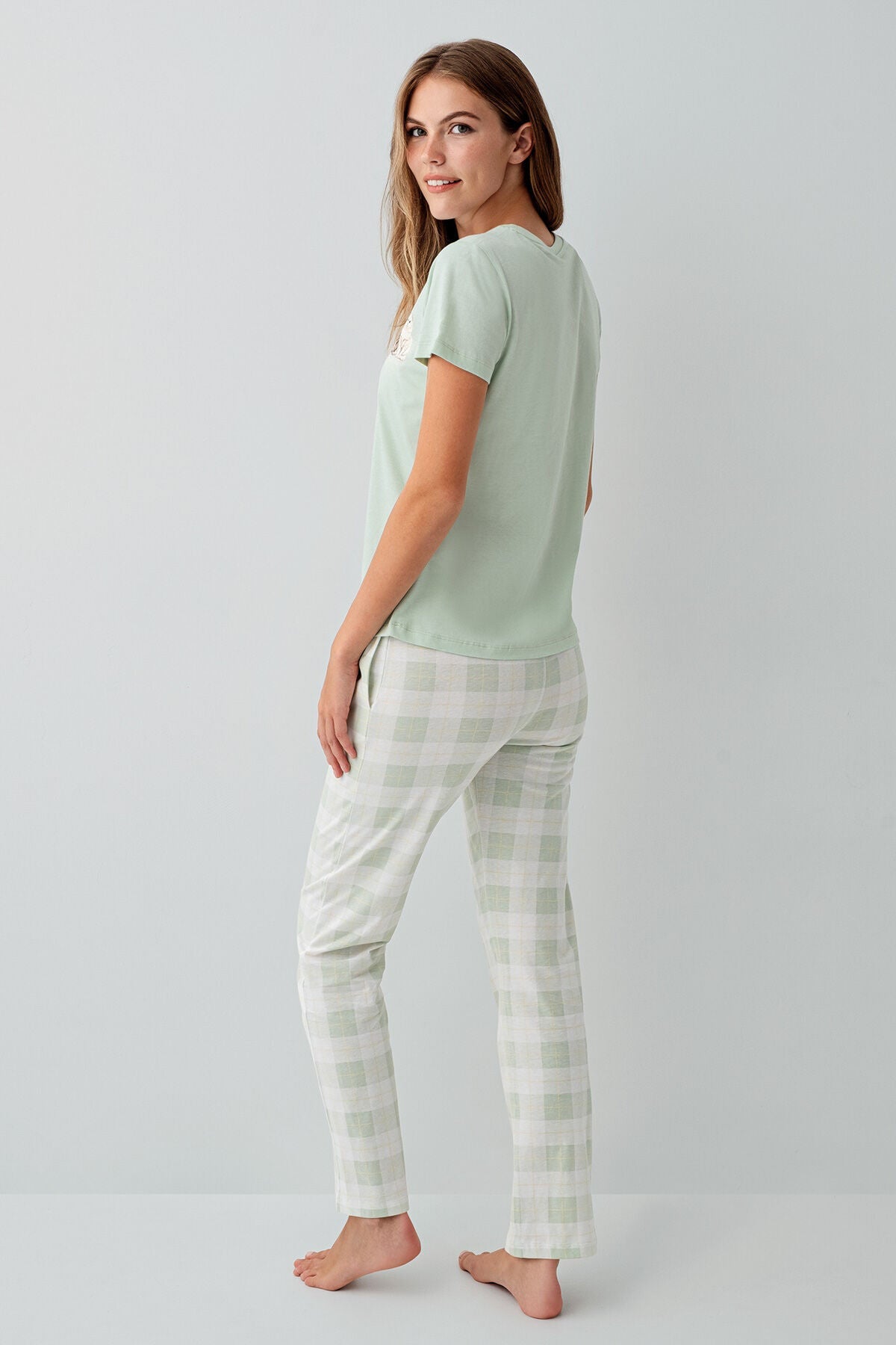 Rolypoly Kadın Bisiklet Yaka Baskılı Yazlık Regular Fit Yeşil Pijama Takımı RP3808-S-V2