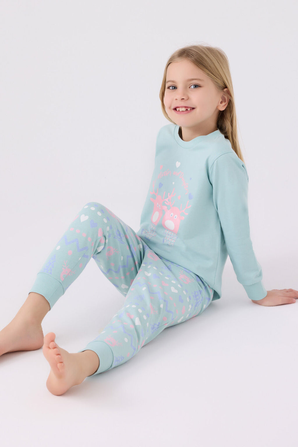 Kız Çocuk Mavi Uzun Kol Pijama Takım