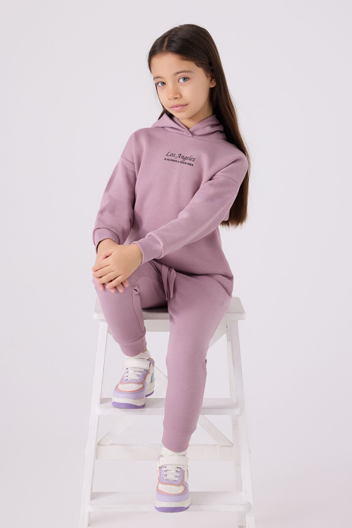 Rolypoly Kız Çocuk Kapüşonlu Empirme Baskılı Kışlık Regular Fit Mor Eşofman Takımı RP3500-C-V2