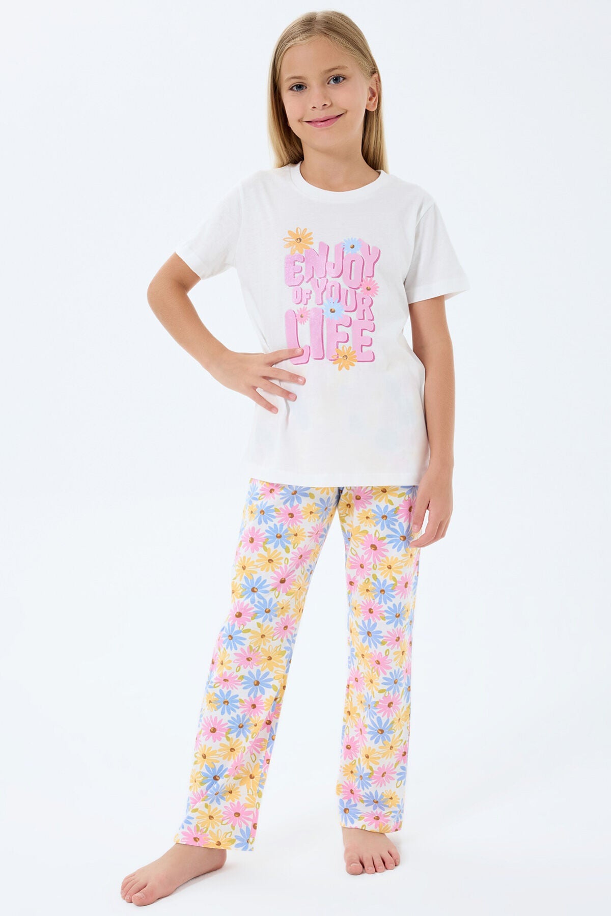 Rolypoly Kız Çocuk Bisiklet Yaka Baskılı Yazlık Regular Fit Beyaz Pijama Takımı RP3782-C-V1 Ürün ana görseli