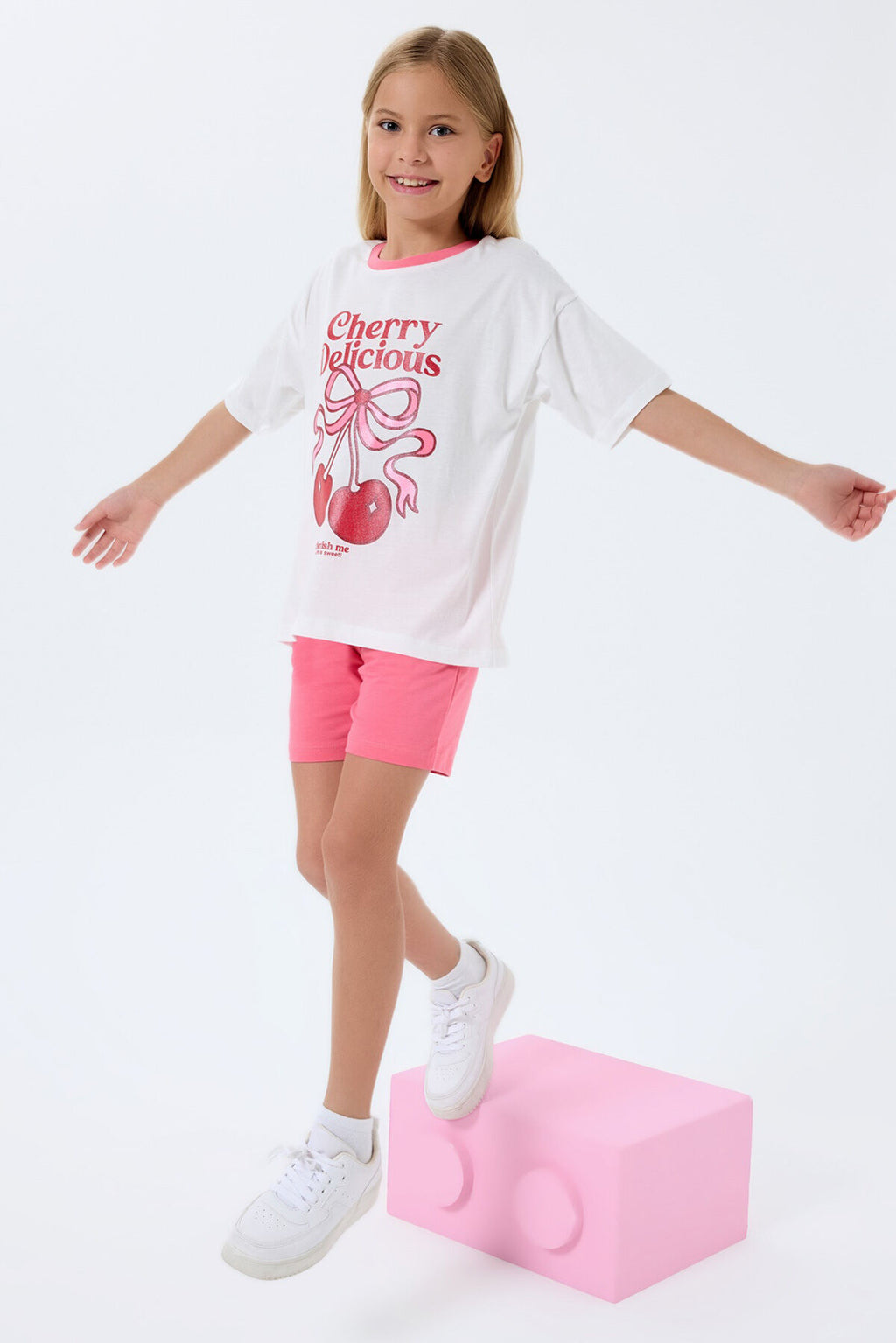 Rolypoly Kız Çocuk Bisiklet Yaka Baskılı Yazlık Regular Fit Beyaz Şort Takım RP3799-C-V2