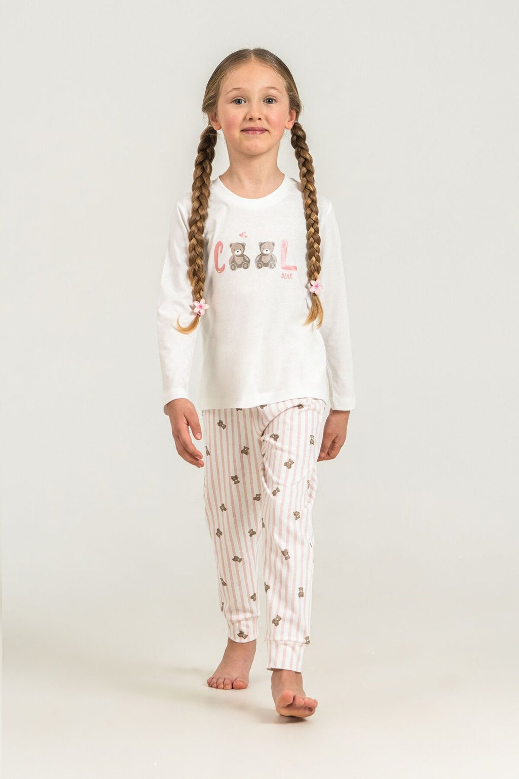 Rolypoly Kız Çocuk Cool Bear Beyaz Uzun Kol Pijama Takım RP3912-C-V1