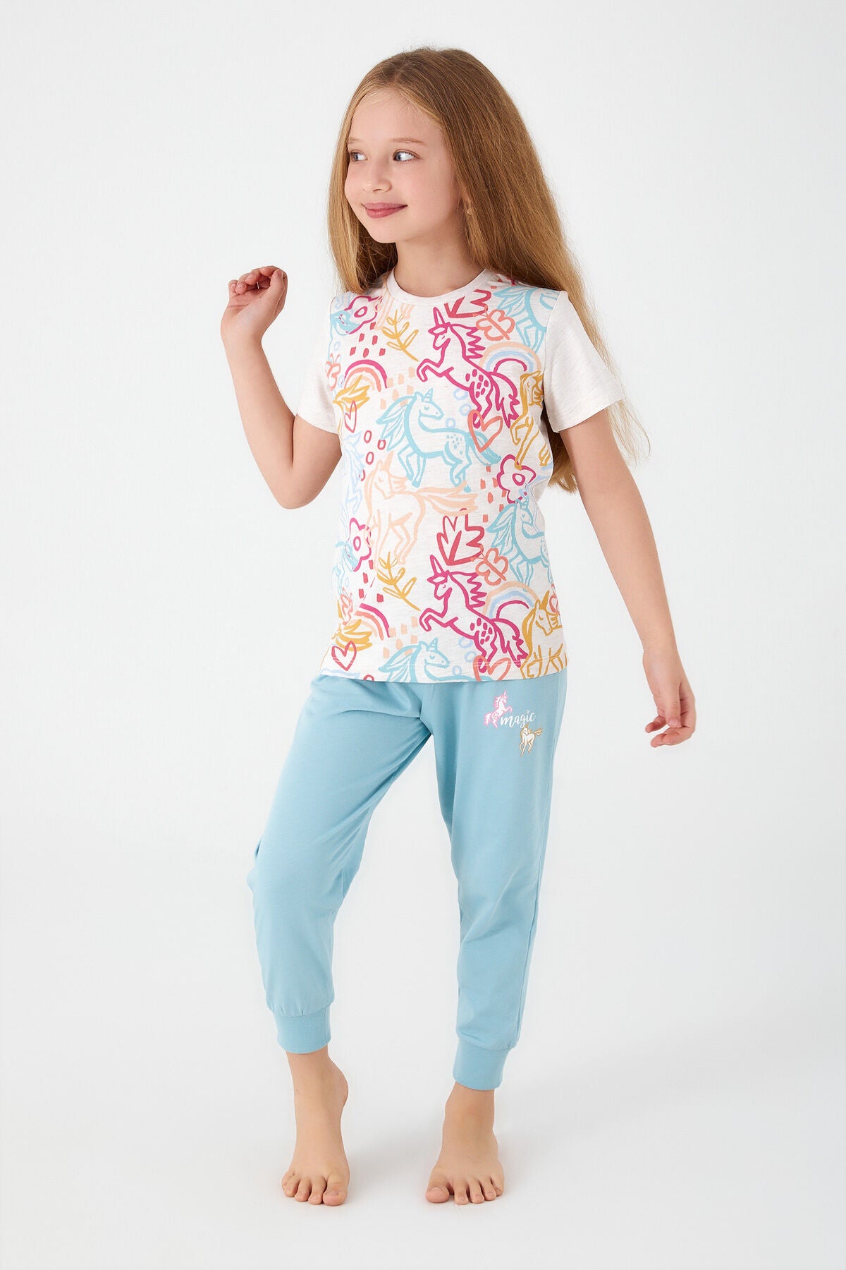 Unicorn Magic Krem  Kız Çocuk Kısa Kol Pijama Takım
