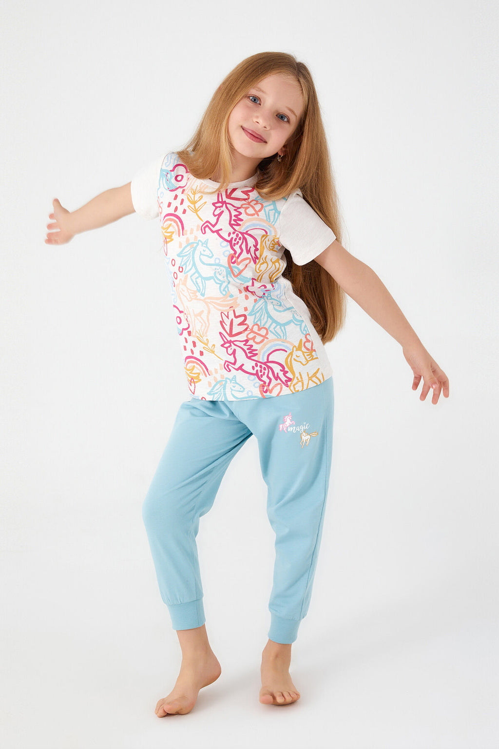 Unicorn Magic Krem  Kız Çocuk Kısa Kol Pijama Takım