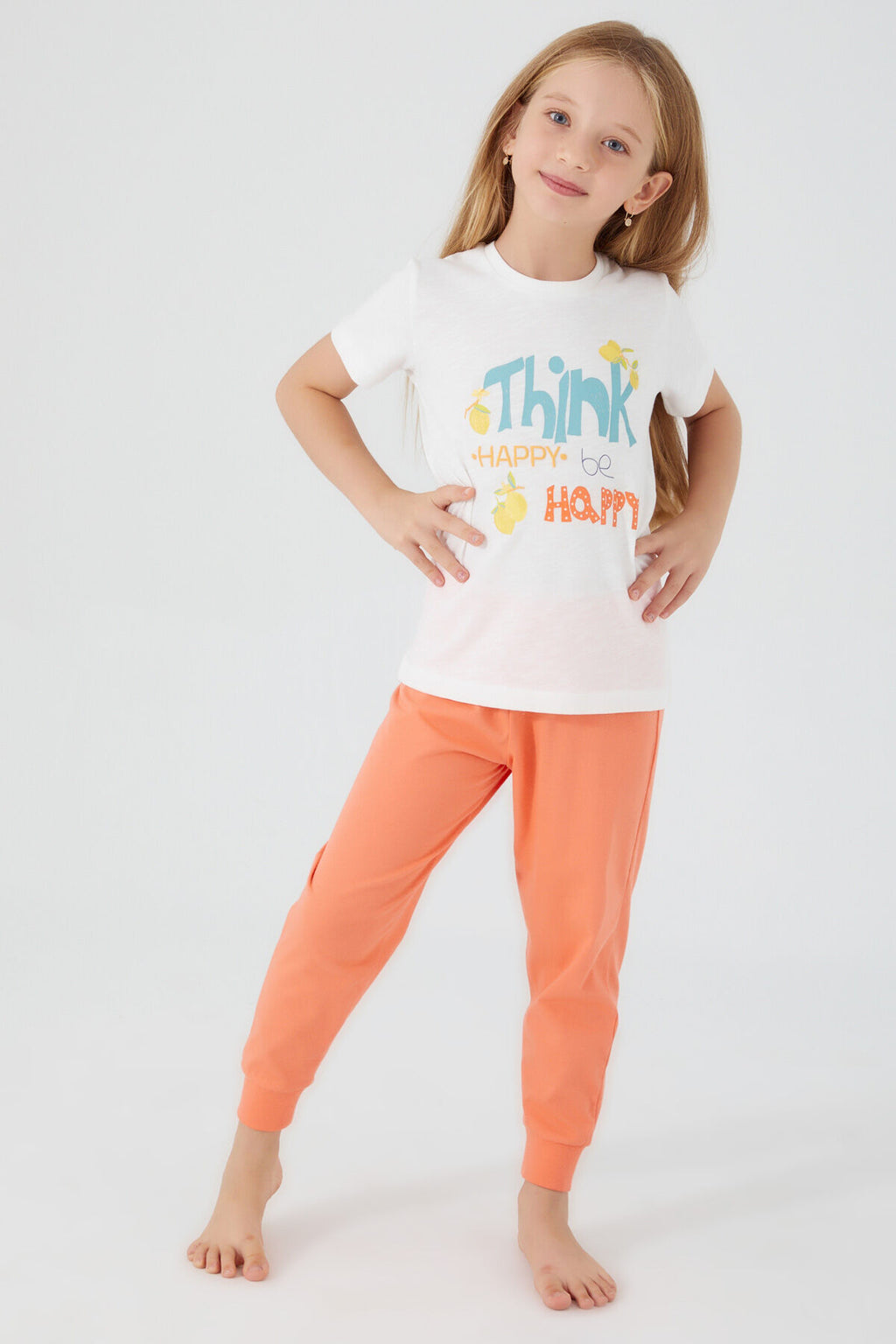 Think Happy Be Happy Krem Kız Çocuk Kısa Kol Pijama Takım