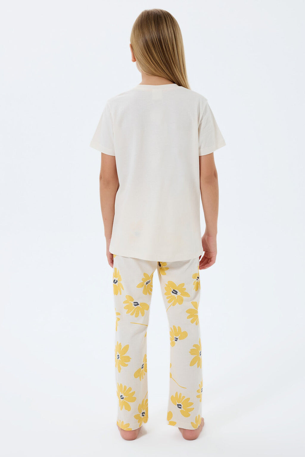 Rolypoly Kız Çocuk Bisiklet Yaka Baskılı Yazlık Regular Fit Krem Pijama Takımı RP3785-C-V1