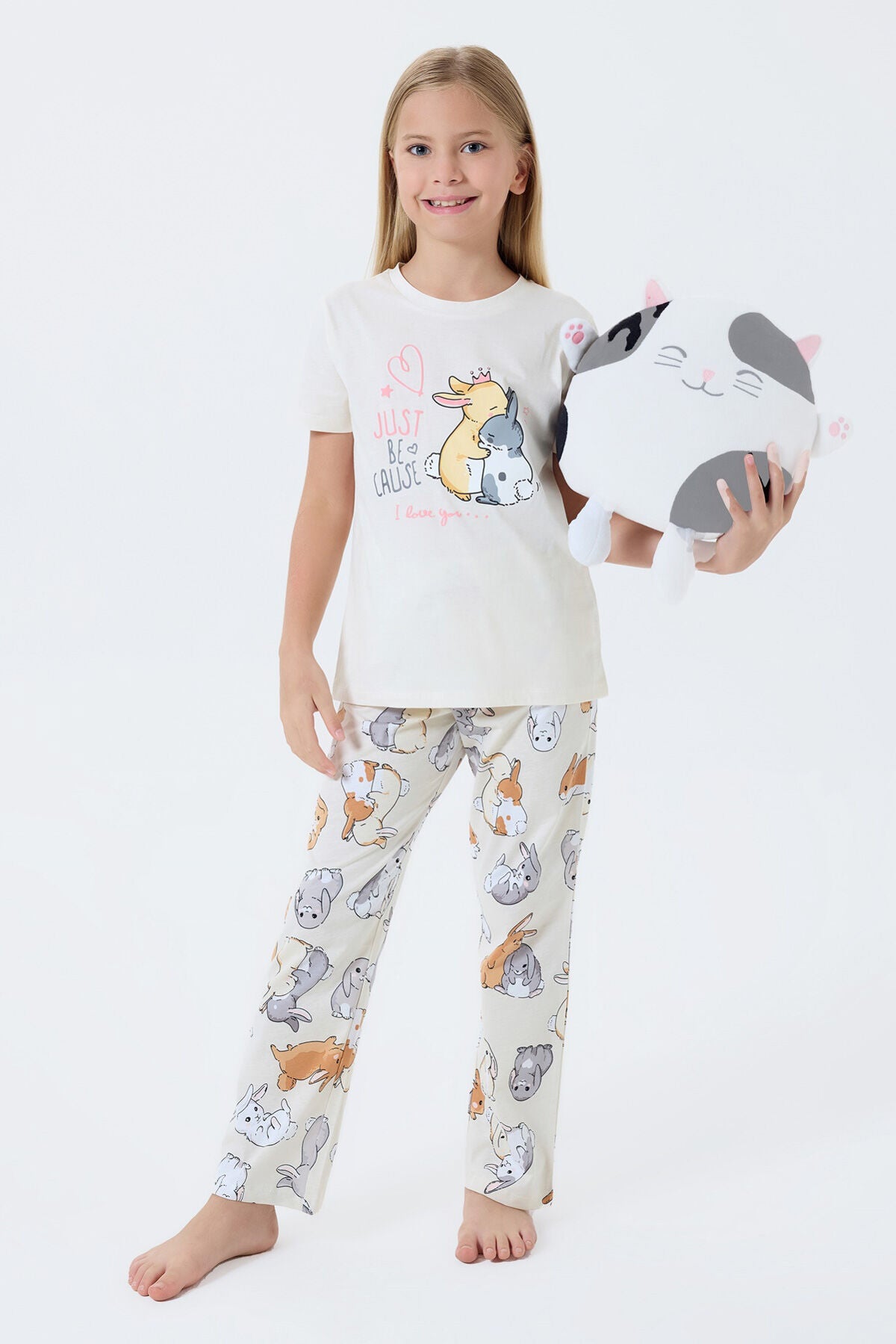 Rolypoly Kız Çocuk Bisiklet Yaka Baskılı Yazlık Regular Fit Krem Pijama Takımı RP3774-C-V1 Ürün ana görseli
