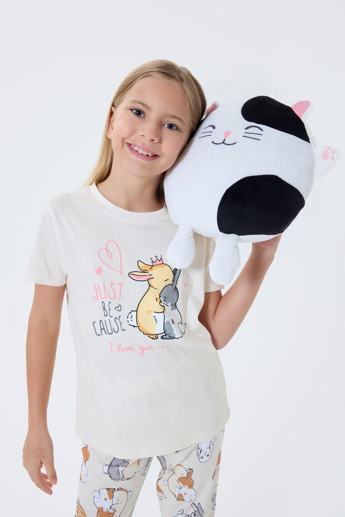 Rolypoly Kız Çocuk Bisiklet Yaka Baskılı Yazlık Regular Fit Krem Pijama Takımı RP3774-C-V1 Ürün ikincil görseli