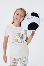 Rolypoly Kız Çocuk Bisiklet Yaka Baskılı Yazlık Regular Fit Krem Pijama Takımı RP3774-C-V1