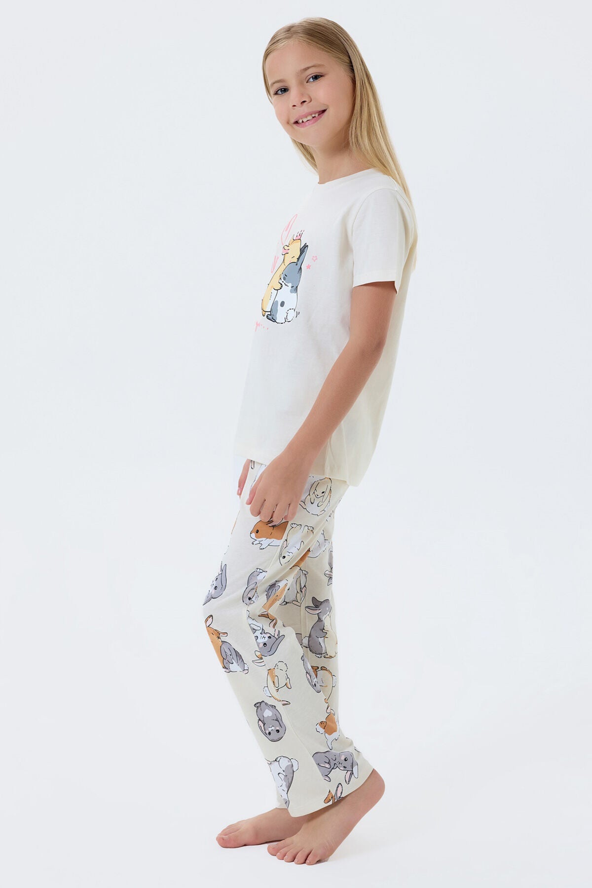 Rolypoly Kız Çocuk Bisiklet Yaka Baskılı Yazlık Regular Fit Krem Pijama Takımı RP3774-C-V1