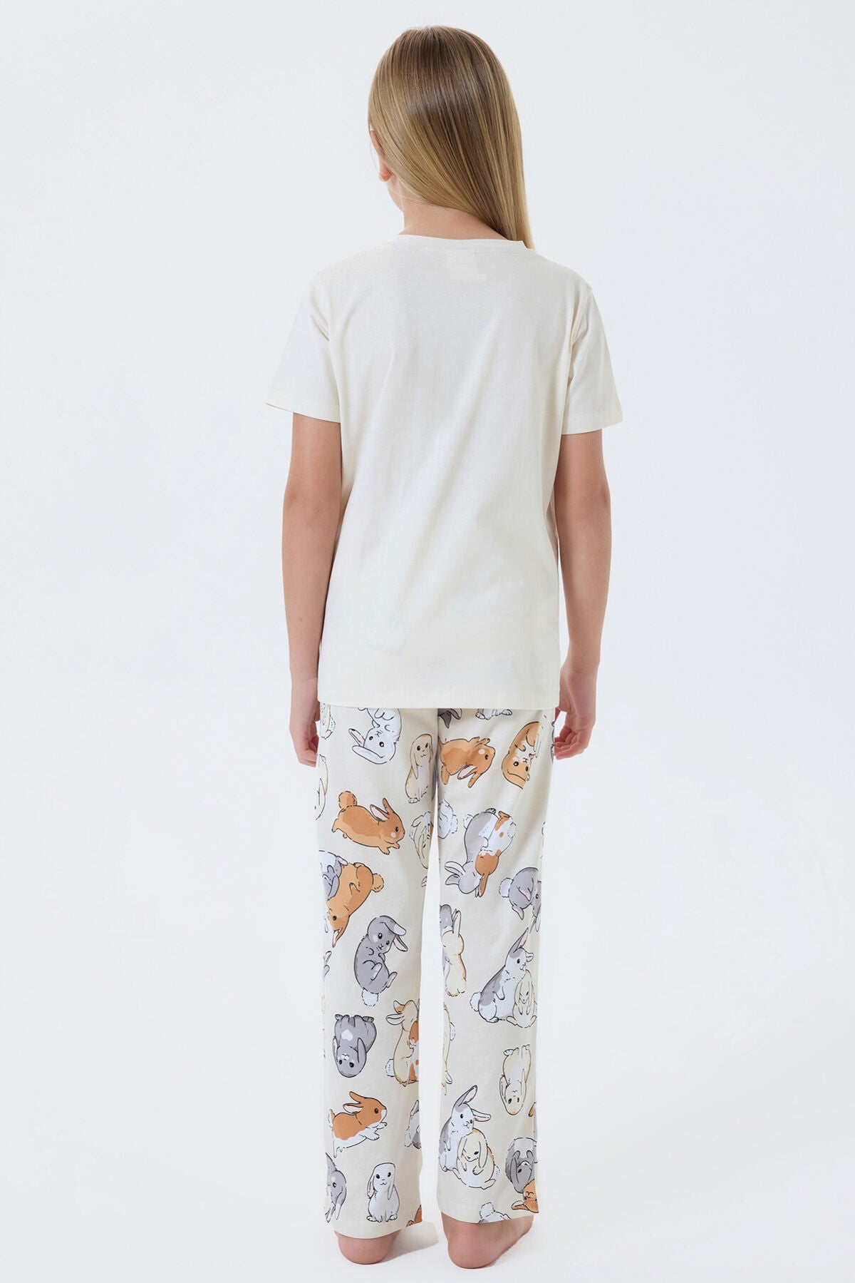 Rolypoly Kız Çocuk Bisiklet Yaka Baskılı Yazlık Regular Fit Krem Pijama Takımı RP3774-C-V1