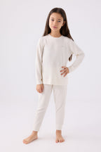 Rolypoly Kız Çocuk Bisiklet Yaka Pigment Baskılı Kışlık Regular Fit Beyaz Pijama Takımı RP3464-C-V2