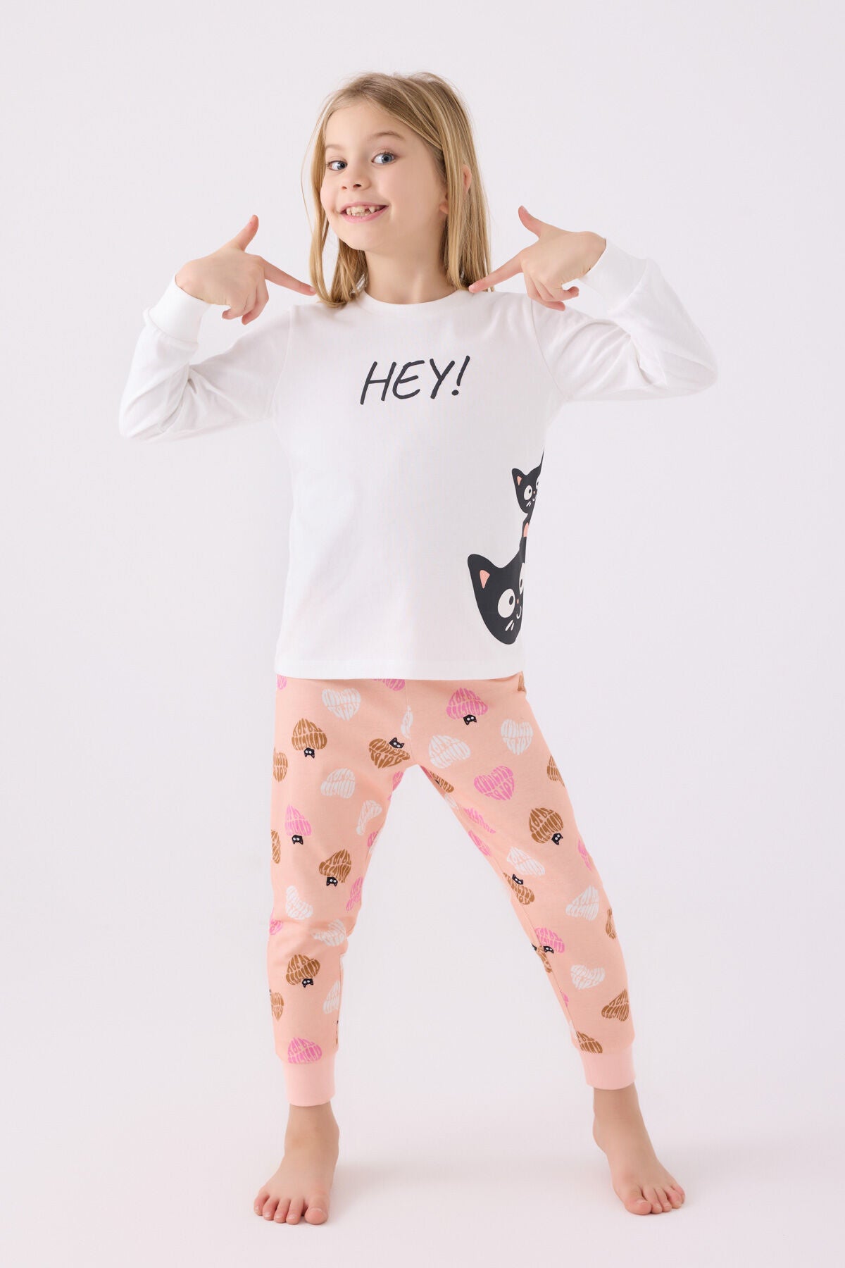 Rolypoly Kız Çocuk Bisiklet Yaka Pigment Baskılı Kışlık Regular Fit Beyaz Pijama Takımı RP3466-C-V1