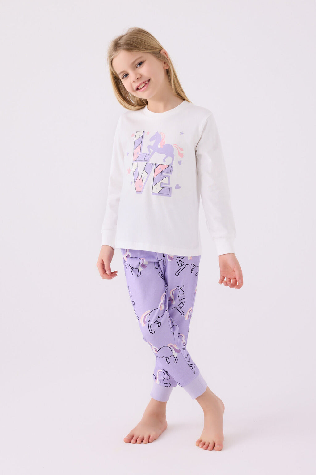 Rolypoly Kız Çocuk Bisiklet Yaka Pigment Baskılı Kışlık Regular Fit Beyaz Pijama Takımı RP3476-C-V2