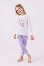 Rolypoly Kız Çocuk Bisiklet Yaka Pigment Baskılı Kışlık Regular Fit Beyaz Pijama Takımı RP3476-C-V2