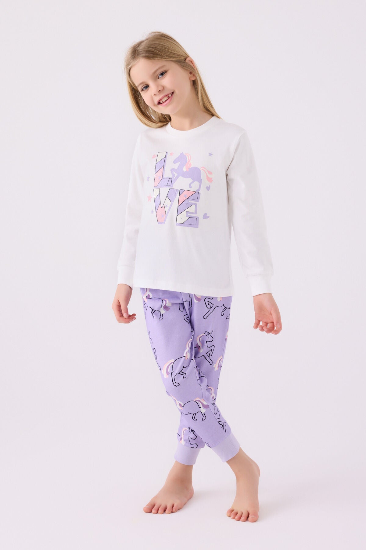 Rolypoly Kız Çocuk Bisiklet Yaka Pigment Baskılı Kışlık Regular Fit Beyaz Pijama Takımı RP3476-C-V2
