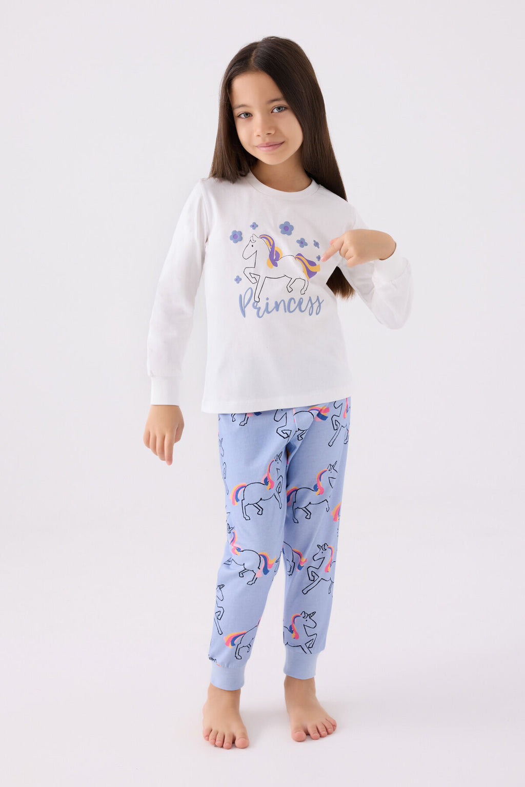 Kız Çocuk Beyaz Uzun Kol Pijama Takım