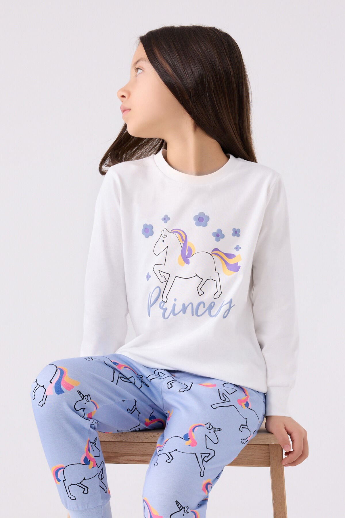 Kız Çocuk Beyaz Uzun Kol Pijama Takım