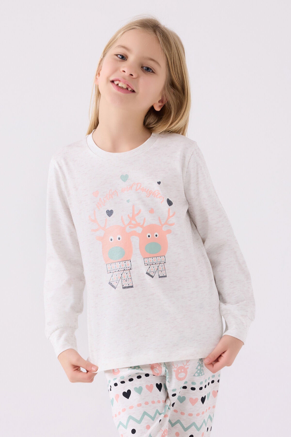 Rolypoly Kız Çocuk Bisiklet Yaka Pigment Baskılı Kışlık Regular Fit Beyaz Pijama Takımı RP3486-C-V1