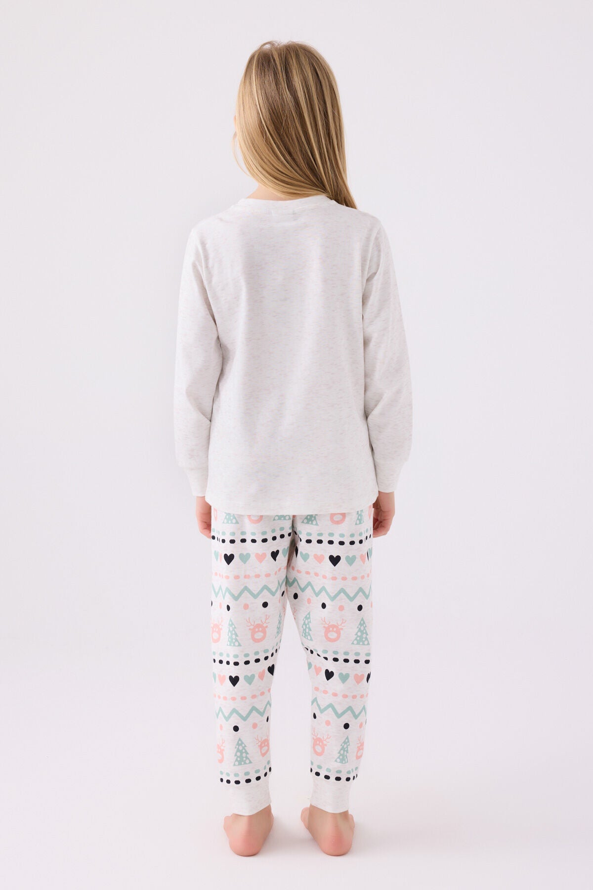Rolypoly Kız Çocuk Bisiklet Yaka Pigment Baskılı Kışlık Regular Fit Beyaz Pijama Takımı RP3486-C-V1