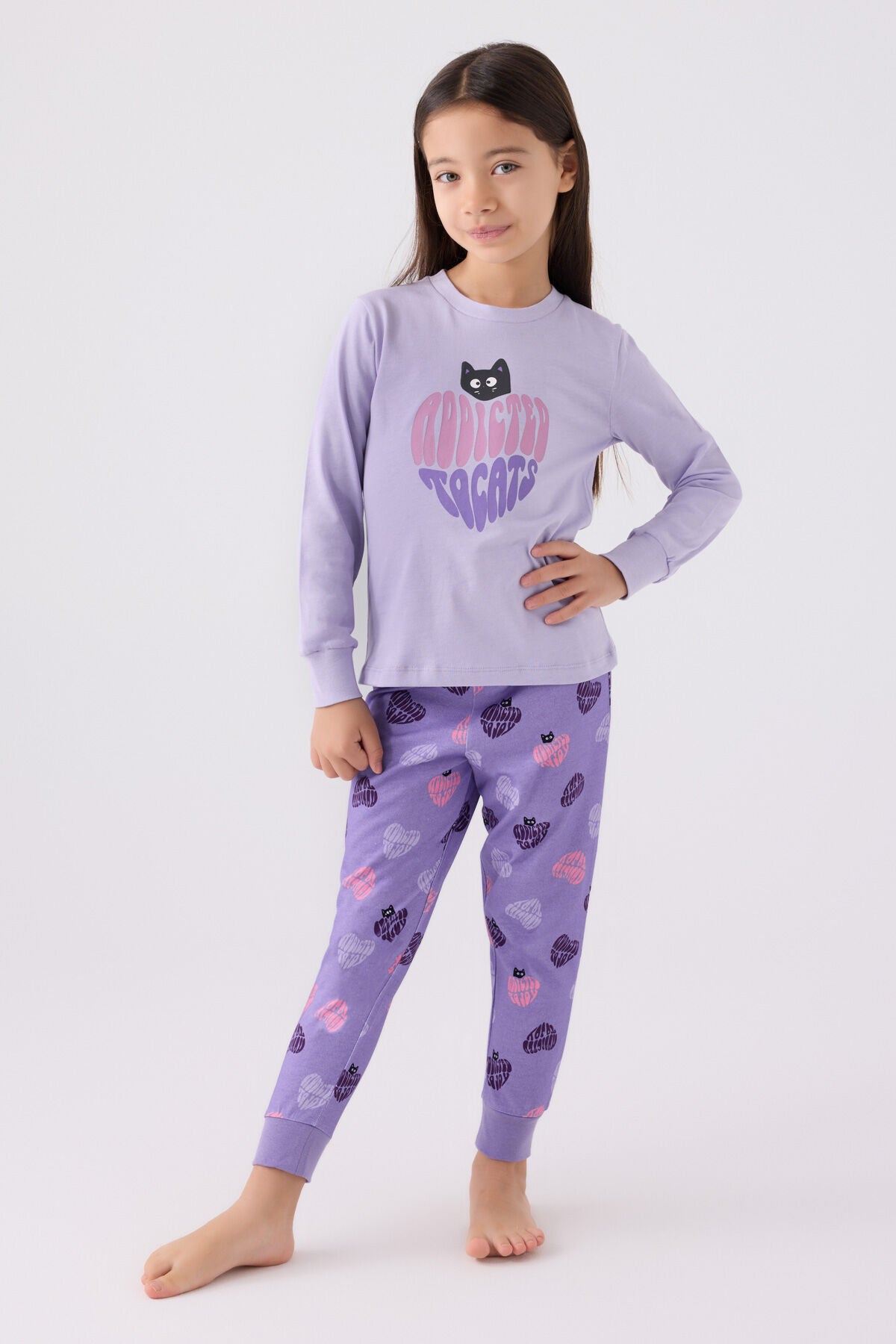 Rolypoly Kız Çocuk Bisiklet Yaka Pigment Baskılı Kışlık Regular Fit Mor Pijama Takımı RP3465-C-V2 Ürün ana görseli