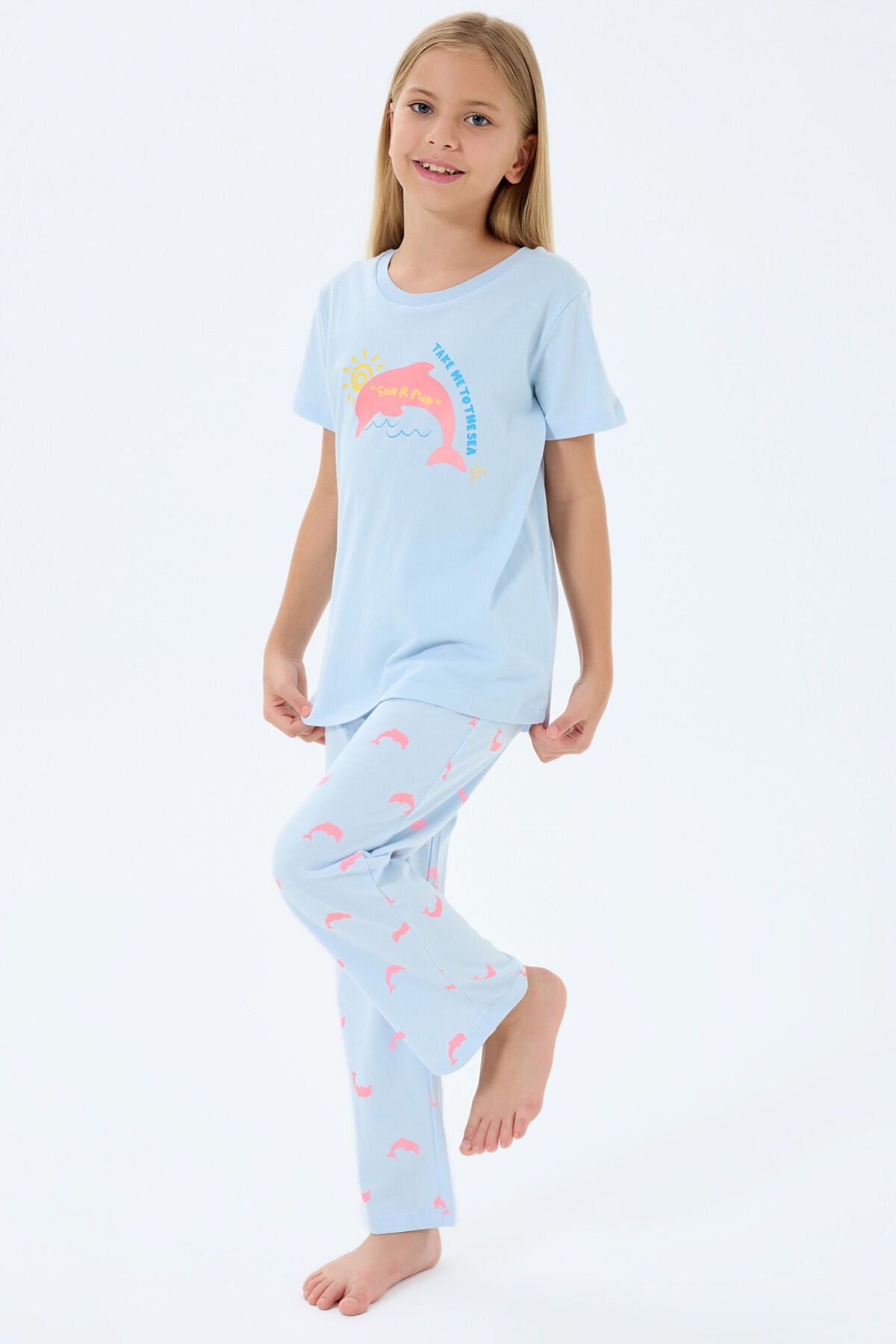 Rolypoly Kız Çocuk Bisiklet Yaka Baskılı Yazlık Regular Fit Mavi Pijama Takımı RP3792-C-V1 Ürün ana görseli