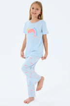 Rolypoly Kız Çocuk Bisiklet Yaka Baskılı Yazlık Regular Fit Mavi Pijama Takımı RP3792-C-V1