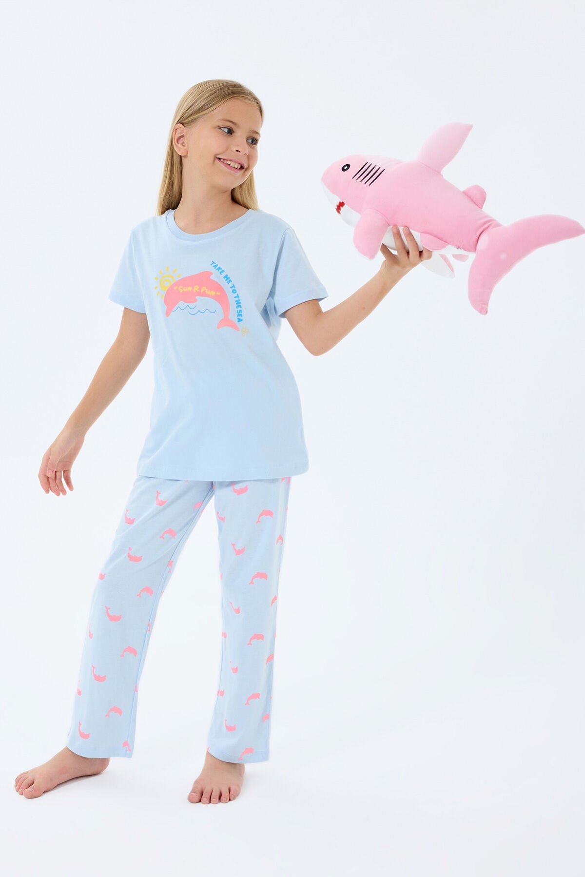 Rolypoly Kız Çocuk Bisiklet Yaka Baskılı Yazlık Regular Fit Mavi Pijama Takımı RP3792-C-V1 Ürün ikincil görseli