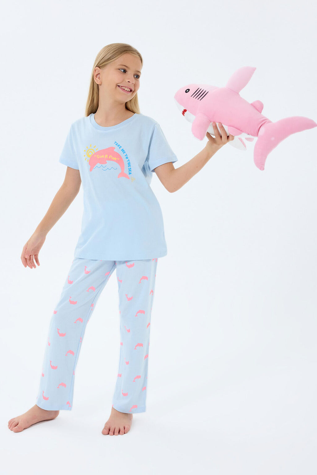 Rolypoly Kız Çocuk Bisiklet Yaka Baskılı Yazlık Regular Fit Mavi Pijama Takımı RP3792-C-V1