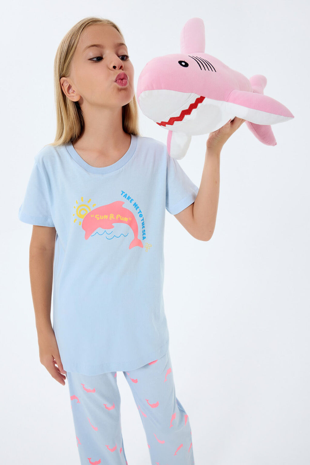 Rolypoly Kız Çocuk Bisiklet Yaka Baskılı Yazlık Regular Fit Mavi Pijama Takımı RP3792-C-V1