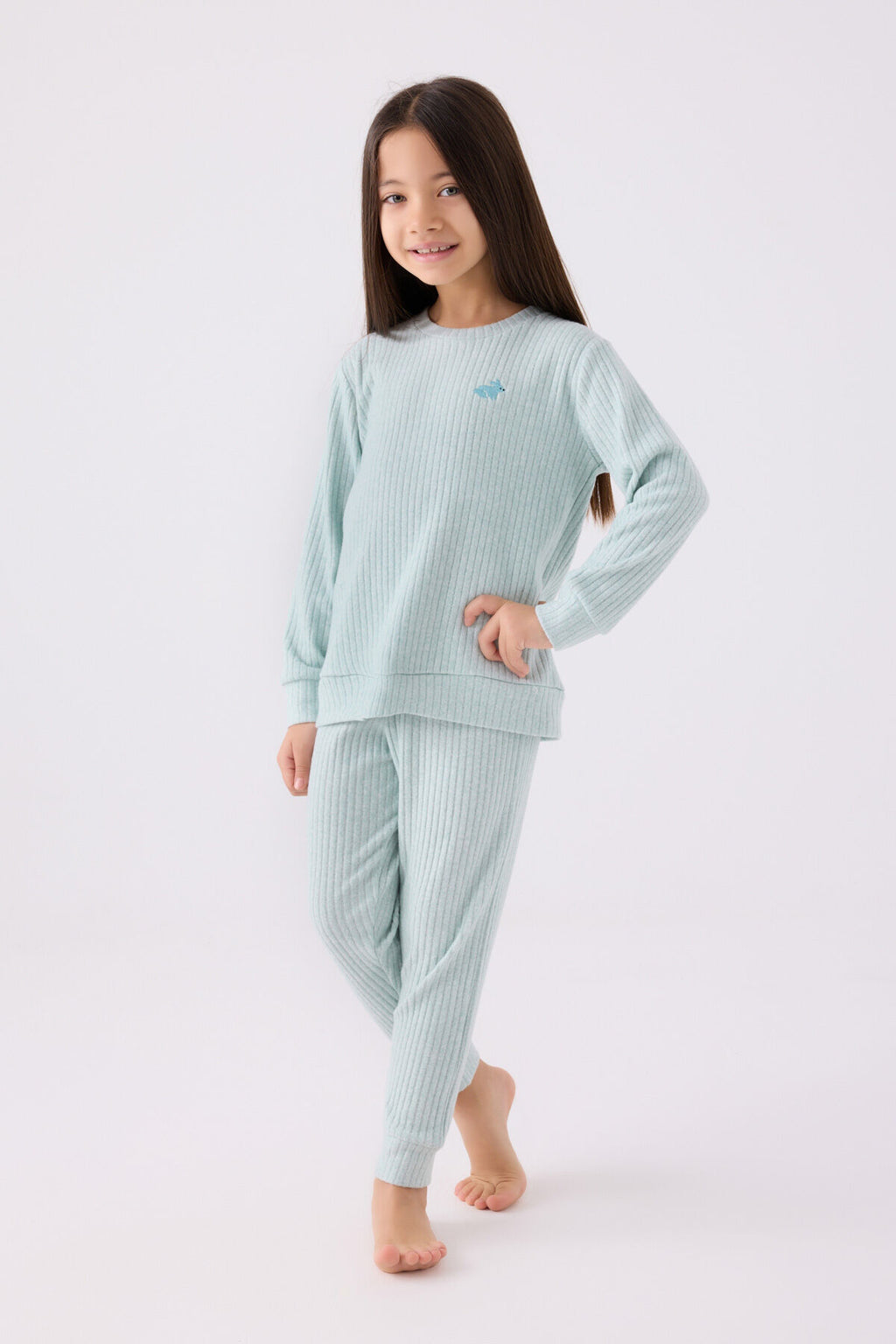Rolypoly Kız Çocuk Bisiklet Yaka Pigment Baskılı Kışlık Regular Fit Mavi Pijama Takımı RP3464-C-V3